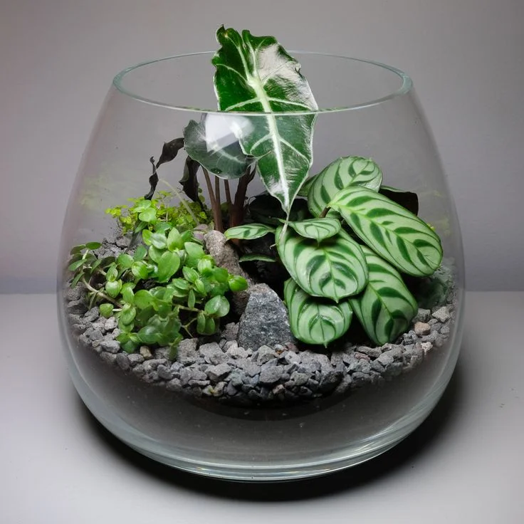 A beautiful glass bowl terrarium featuring a collection of small indoor tropical plants, including a central Alocasia Amazonica Polly, striped Calathea leaves, and green groundcover arranged over small grey gravel stones.