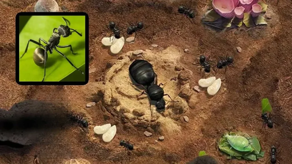 A diagram of an underground black ant colony featuring a central queen, worker ants, white larvae, and an inset close-up photo of an ant.