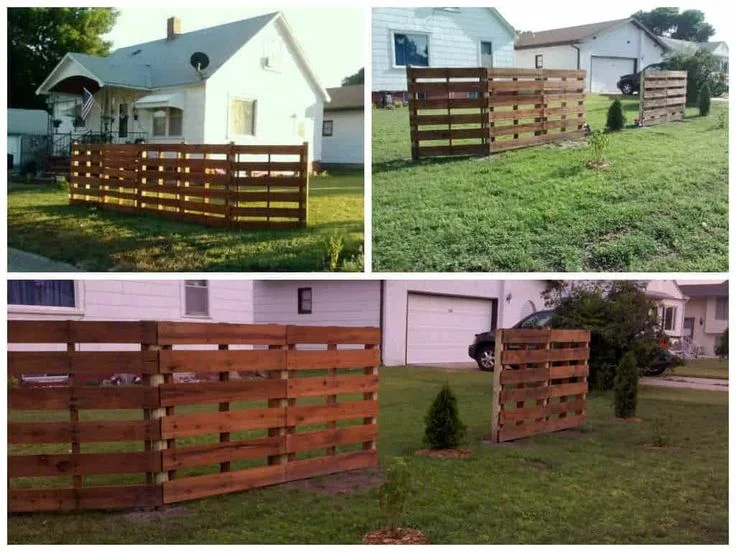 A collage showing a front yard privacy fence built entirely from upcycled wooden pallets stained a rich brown color, set on a green lawn.