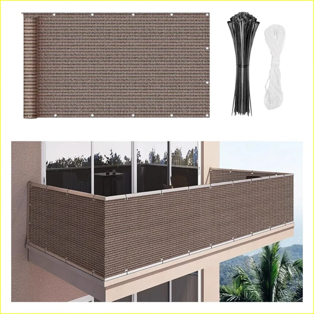 A two-part product image showing a brown woven mesh privacy screen with installation zip ties and rope at the top, and a practical example of it installed on an apartment balcony railing.