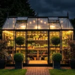 Small glass greenhouse with ambient night lighting and decorative potted plants in a backyard garden setting.