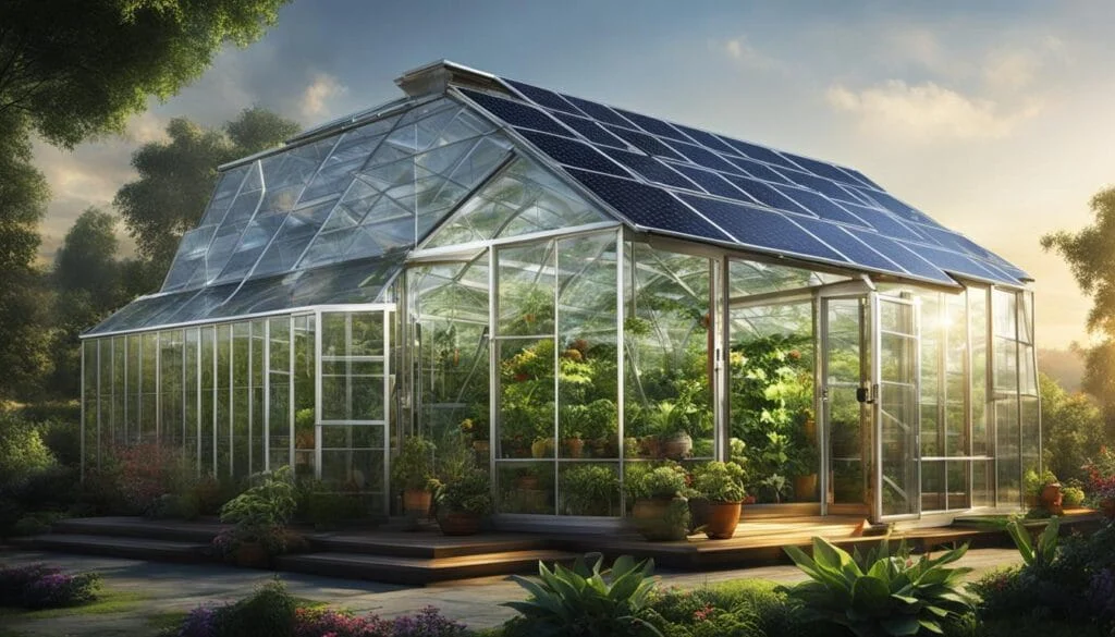 Eco-friendly backyard greenhouse design with rooftop solar panels and thriving interior plants.