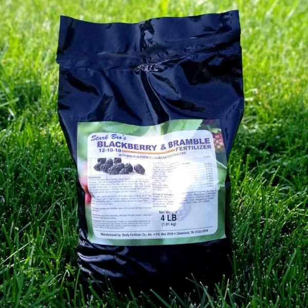Stark Bro's Blackberry and Bramble Fertilizer 4 lb bag on green grass.