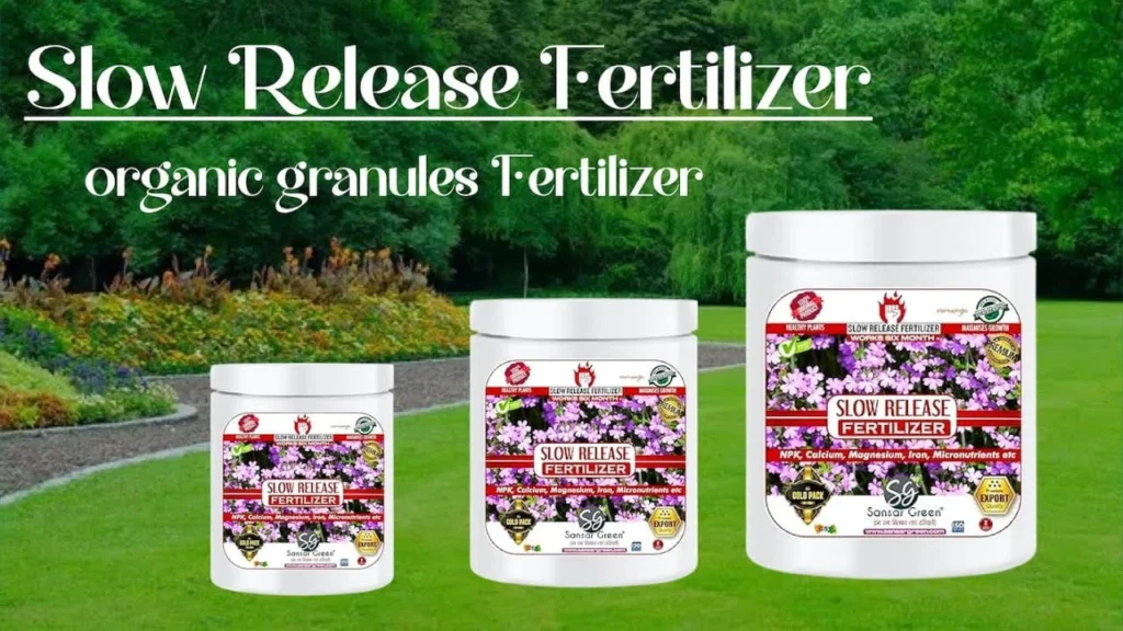 Sansar Green organic slow release fertilizer granules product line shown in three sizes on a green lawn background, ideal for garden plant nutrition.