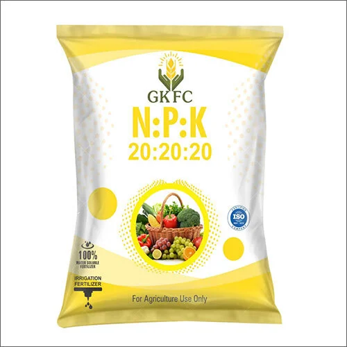 A commercial white and yellow packaging bag of GKFC NPK 20:20:20 water-soluble irrigation fertilizer designed for balanced agriculture crop nutrition.