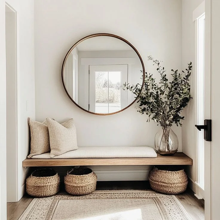 A bright, minimalist entryway featuring a wooden floating bench styled with a cream-colored cushion and two neutral, textured throw pillows.