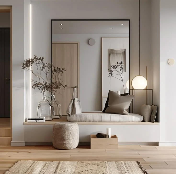 A minimalist Japandi entryway nook featuring a large black-framed rectangular mirror over a built-in wooden bench with a light grey cushion, neutral pillows, and a hanging globe pendant light. To the left, tall glass vases filled with dried branches sit beside a recessed vertical LED light strip. The light oak floor is styled with a woven pouf, a small wooden crate, and a textured jute rug in the foreground.