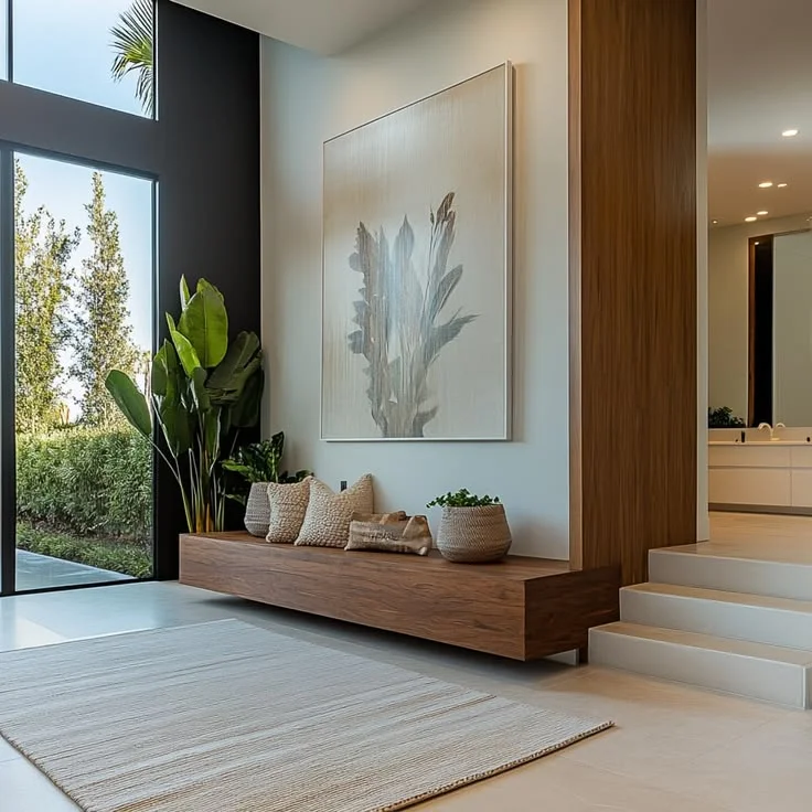A spacious contemporary foyer with a long, floating wooden bench styled with neutral throw pillows and a woven planter beneath a large botanical canvas painting.