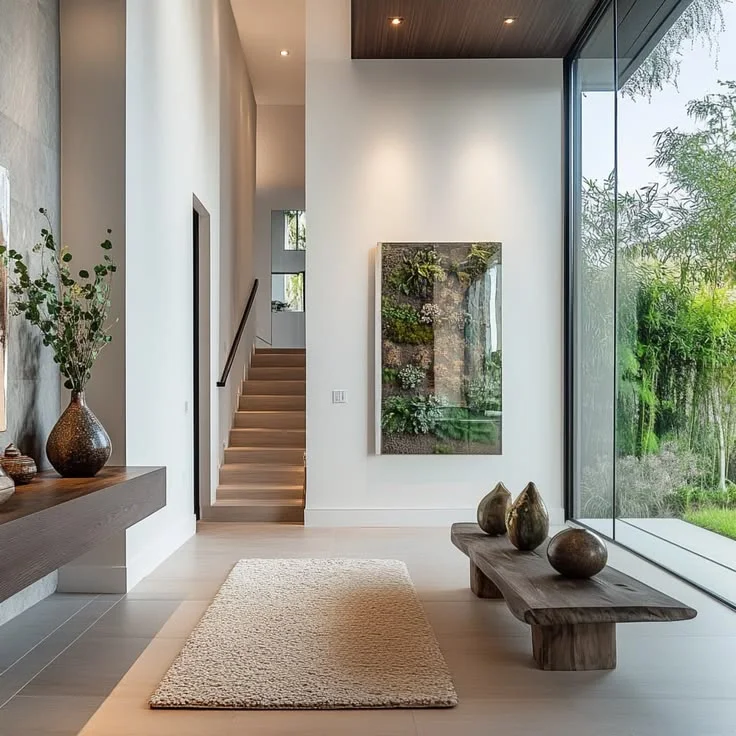 A luxury biophilic entryway featuring a framed vertical living wall and floor-to-ceiling glass windows that open up to a lush bamboo garden. The contemporary space includes a floating dark wood console, a neutral textured runner rug, and a low, live-edge wooden bench adorned with metallic decorative orbs. In the background, a modern wooden staircase with subtle integrated step lighting leads upstairs.