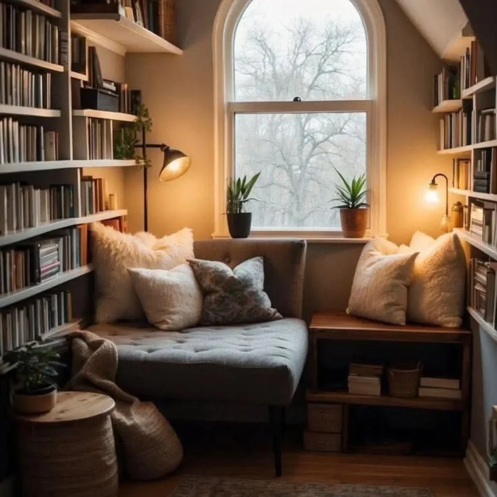 A cozy bedroom corner reading nook featuring a grey tufted daybed with plush white throw pillows, nestled between floor-to-ceiling built-in bookshelves and an arched window.