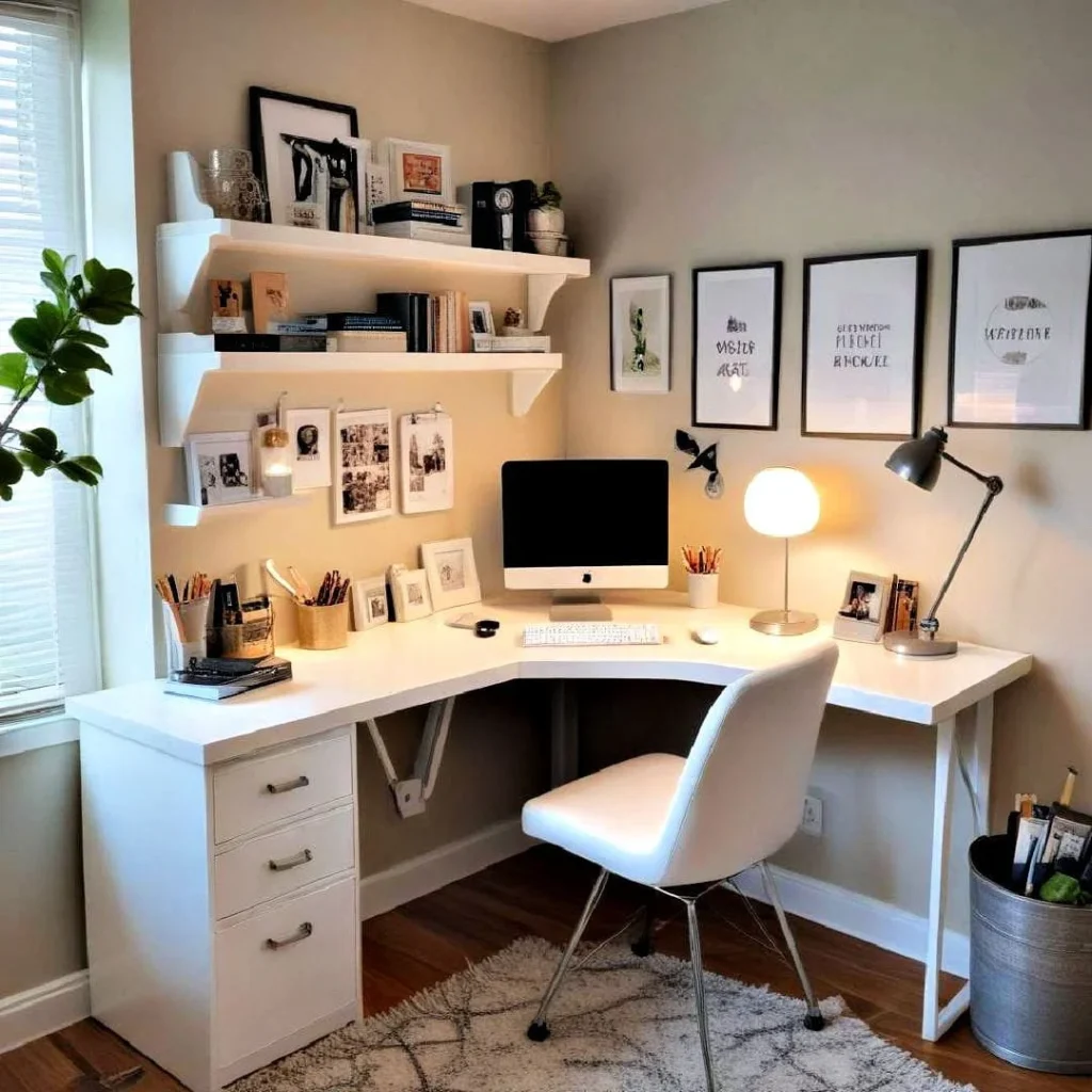 Minimalist bedroom corner workspace featuring a white corner desk, office chair, desk lamps, and organized shelving.