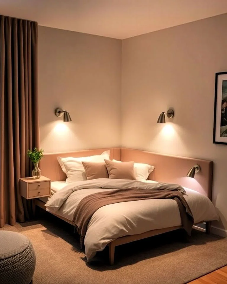 Cozy bedroom corner featuring a bed with a wrap-around pink headboard, warm wall sconces, and neutral bedding.