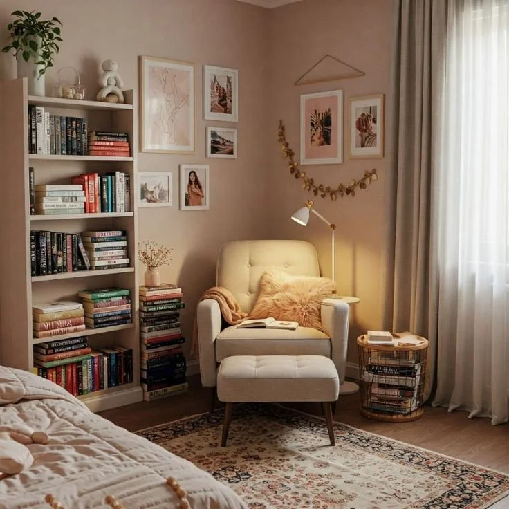 Cozy bedroom reading corner with a cream armchair, matching ottoman, tall bookshelf, and warm floor lamp lighting.