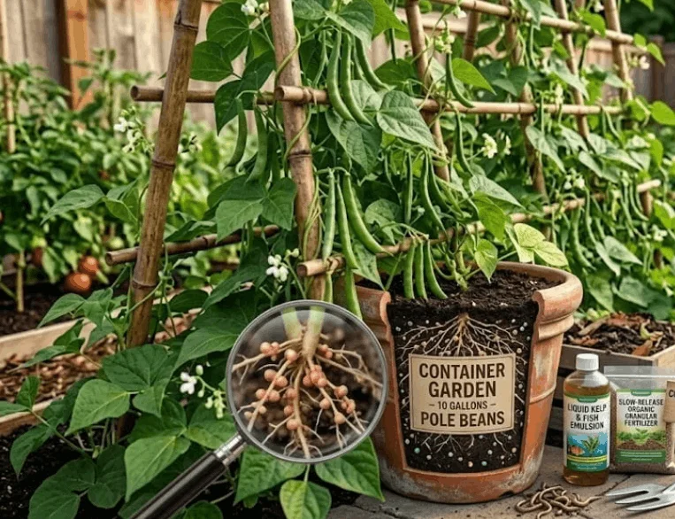 A comprehensive visual guide to fertilizing pole beans in containers, displaying a 10-gallon pot with climbing bean vines, soil amendments like slow-release granular fertilizer, liquid kelp, and a cutaway view of root networks interacting with beneficial soil microbes.