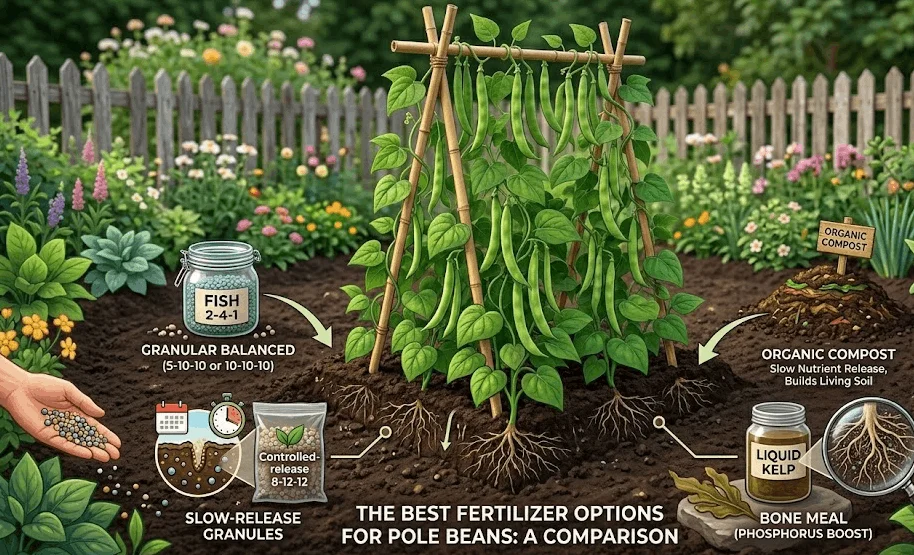 An infographic comparing pole bean fertilizers around a central climbing bean vine on a trellis. Labels and graphics highlight granular feed, slow-release options, organic compost, liquid kelp, and bone meal.