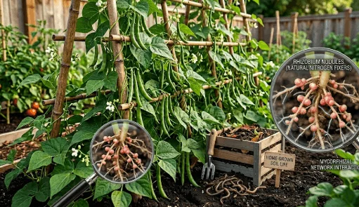 Healthy pole bean plants growing on a trellis structure with an illustrative overlay detailing Rhizobium nodules and root networks that naturally fix nitrogen in the soil, highlighting why low-nitrogen fertilizers are ideal for legumes.