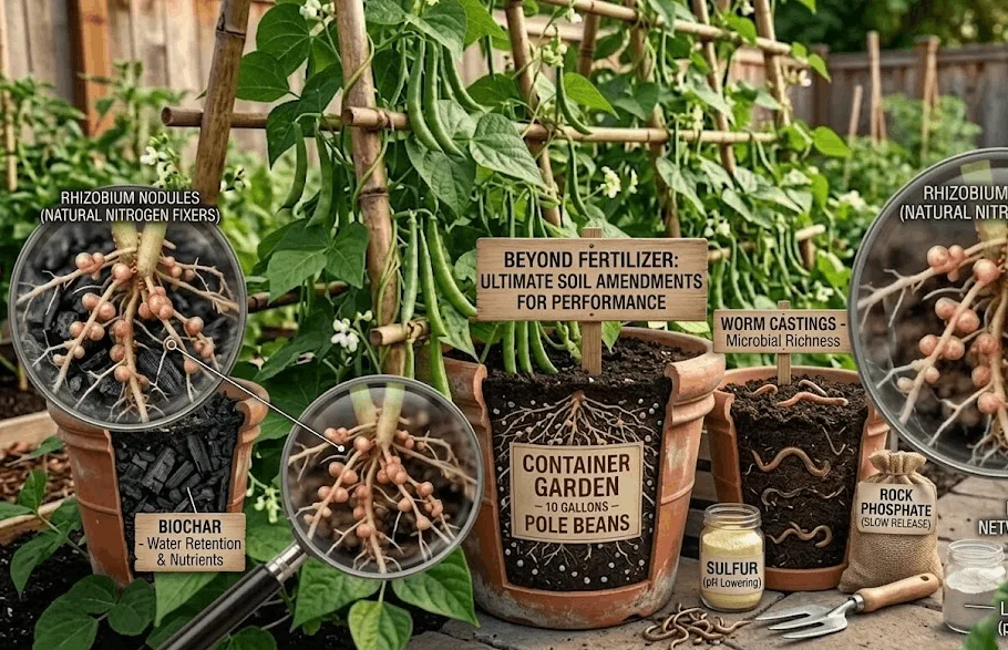 Container garden showing pole beans on a trellis, with cross-section views of roots in different soils.
Close-ups highlight beneficial root nodules and labels explain biological and organic soil health concepts.