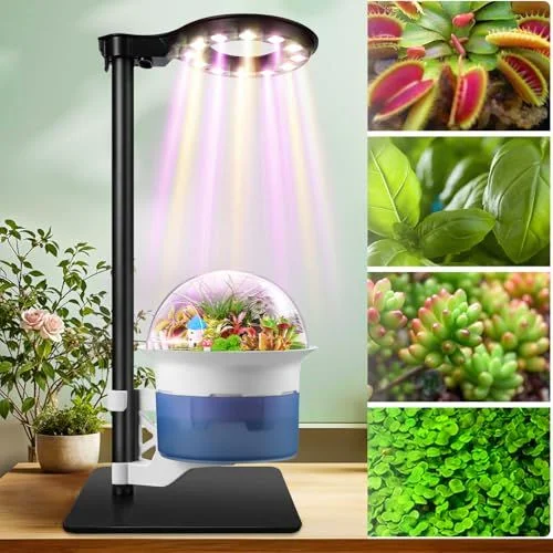 A split image of a 200W solar grow light system showing a solar panel charging during the day next to the LED fixture lighting up with a pink full-spectrum glow at night in a greenhouse. A sleek black adjustable desktop LED grow light shining full-spectrum light onto a small dome covered terrarium. Side panels show close-ups of a Venus flytrap, basil leaves, succulents, and microgreens.