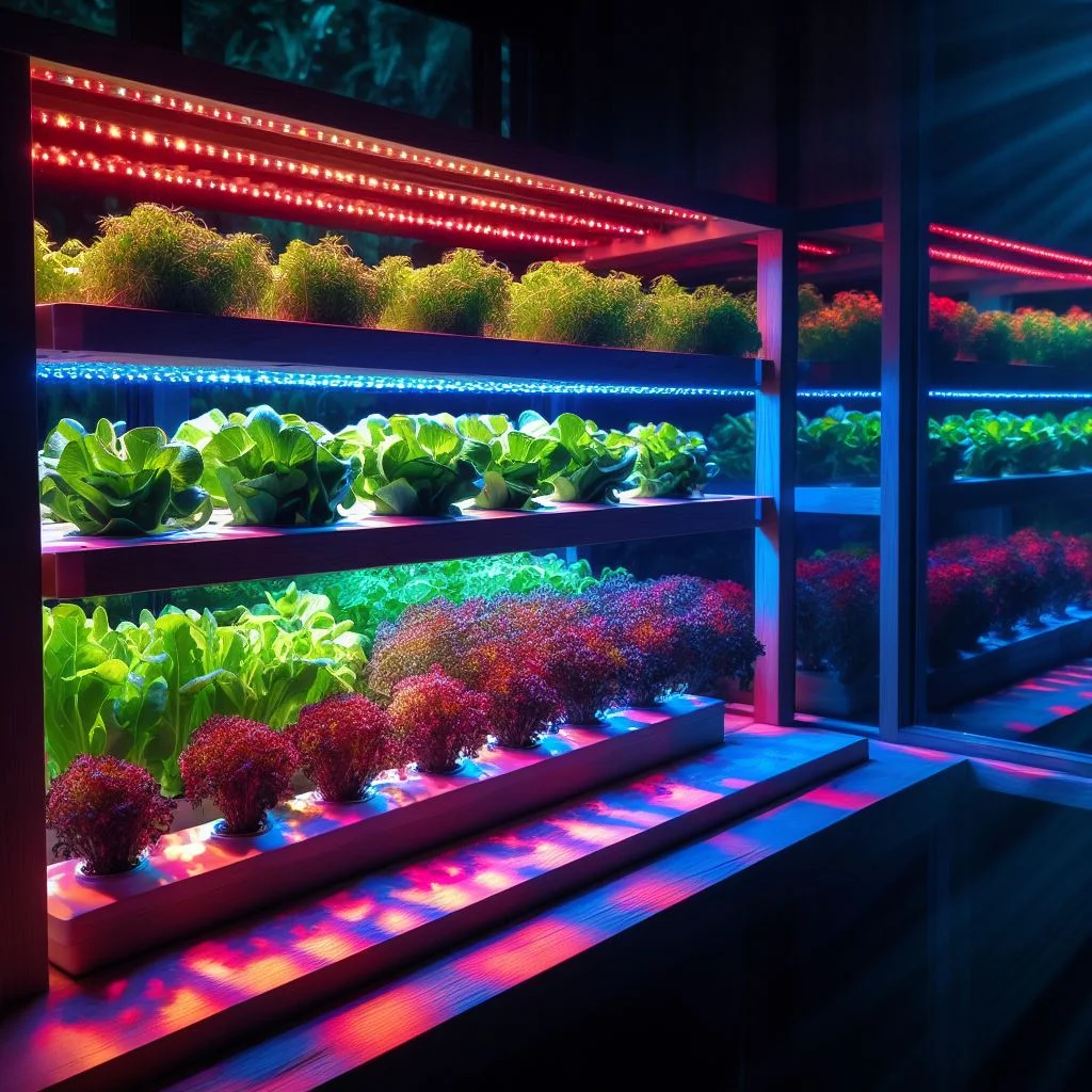 Indoor Hydroponic Farm best solar powered grow lights A vertical indoor hydroponic farming system with multi-level shelving, shown in the image best solar powered grow lights 6.webp, cultivates vibrant green lettuce and red basil under specialized LED grow lights. The red LEDs over microgreens and blue LEDs over mature plants cast a purple-pink light, while glass panels reflect the operation, all within a modern, energy-efficient interior.
