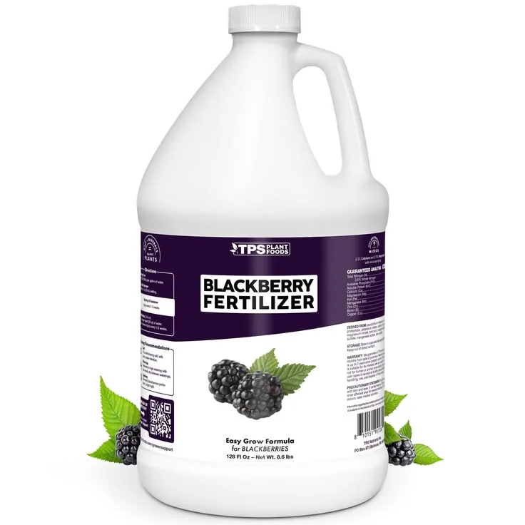 tps plant foods liquid blackberry fertilizer A large white one-gallon jug of TPS Plant Foods liquid Blackberry Fertilizer featuring an "Easy Grow Formula for Blackberries" label with illustrations of fresh blackberries and leaves.