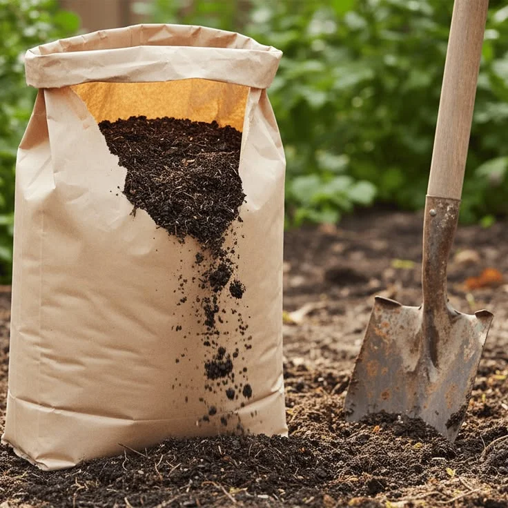 bag of organic compost soil fertilizer A large brown paper sack tearing open to spill rich, dark organic compost or soil fertilizer onto a garden bed next to a metal shovel.