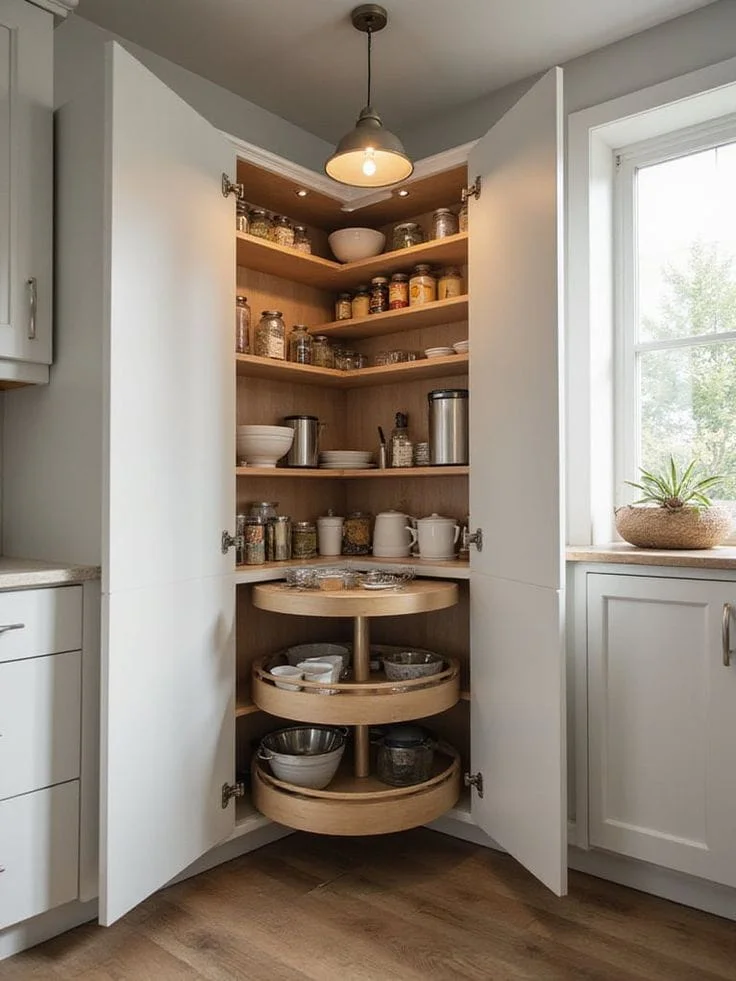 Custom floor-to-ceiling corner kitchen pantry cabinet with integrated rotating Lazy Susan shelves and spice racks.
