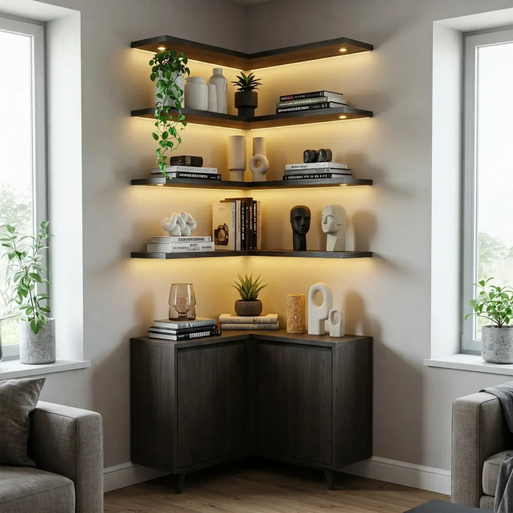 Contemporary Japandi-style living room corner decor featuring an L-shaped dark wood cabinet and warm LED backlit floating shelves with minimalist accent pieces.