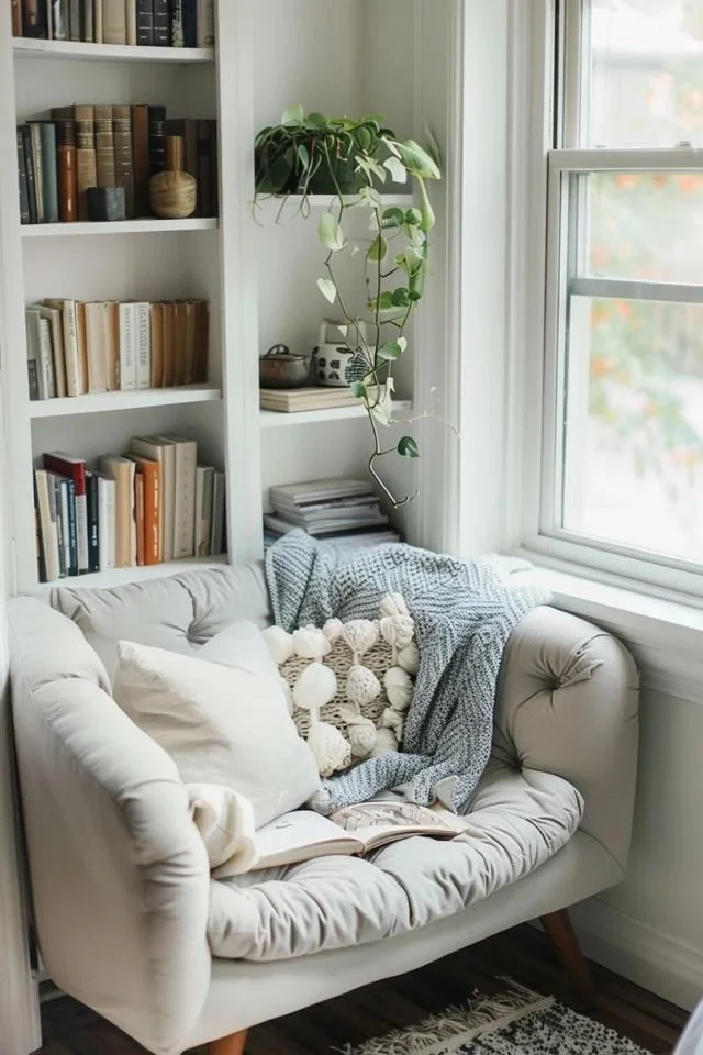 A cozy window reading nook featuring an oversized, tufted light grey armchair layered with a textured pom-pom pillow and a knit blanket, positioned next to a built-in white bookcase with books and a cascading vine plant.