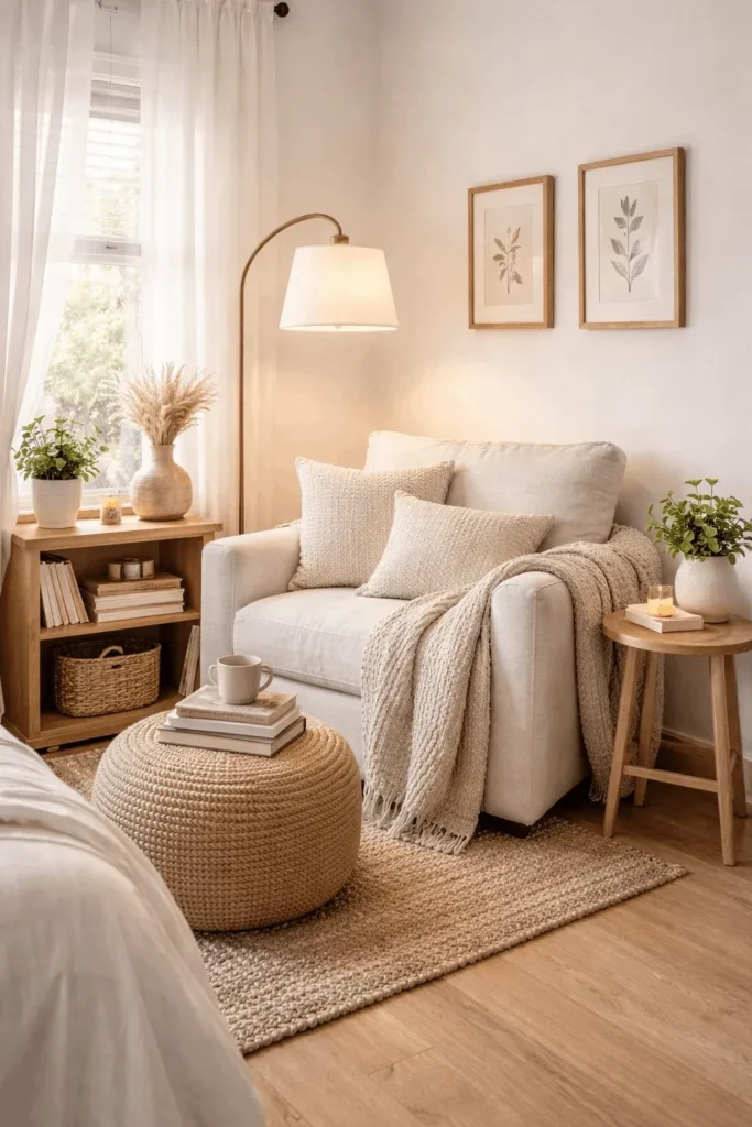 A warm, neutral-toned Japandi reading nook featuring a beige armchair with textured pillows and a knit throw blanket, a round woven pouf ottoman, a curved gold floor lamp, and light wood accent tables with small plants.