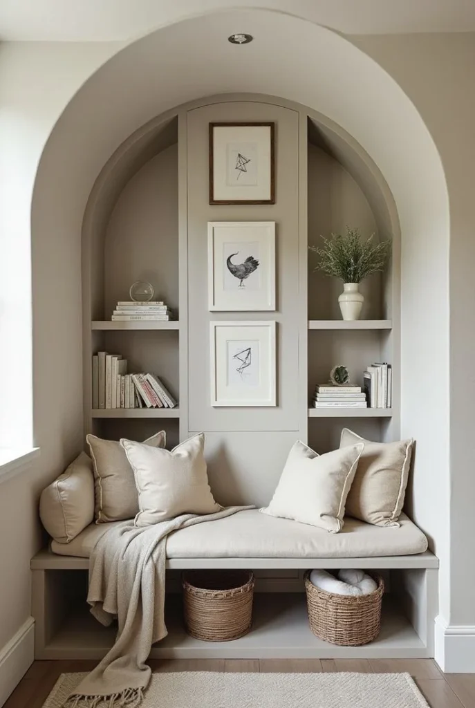 A modern minimalist built-in arched alcove featuring a cushioned bench with neutral throw pillows, symmetry-based shelving with books, three stacked framed art pieces, and woven storage baskets underneath