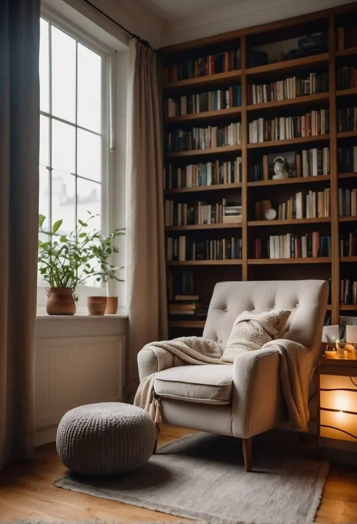 A cozy reading nook featuring a tufted cream armchair with a knit throw blanket, a round knit pouf, and a small illuminated side table set against a large floor-to-ceiling wooden bookcase filled with books by a bright window.