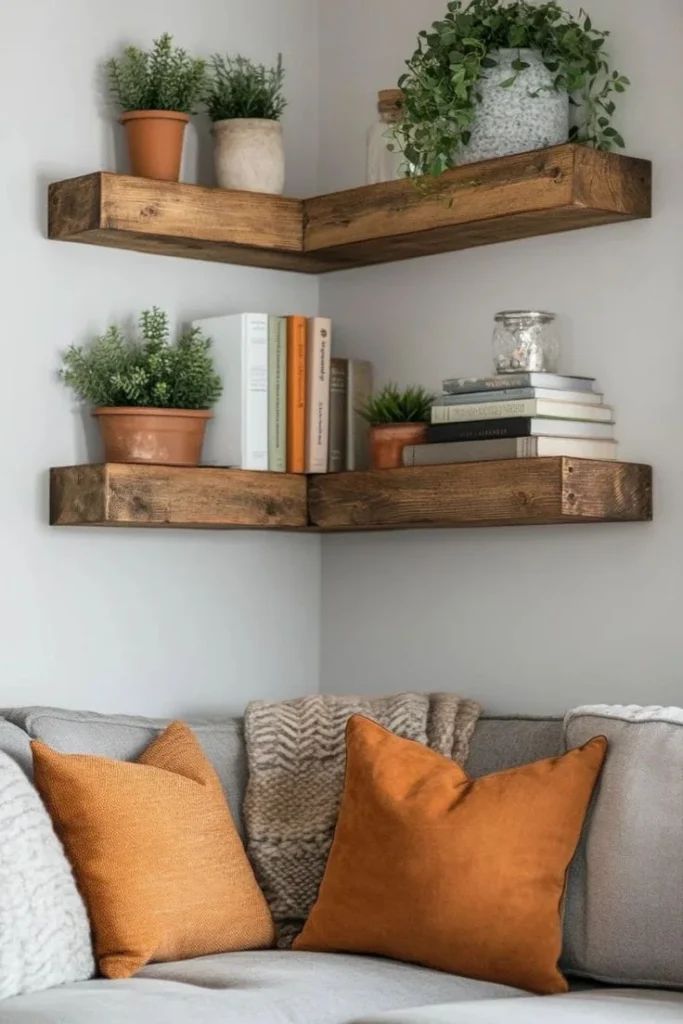 Two tiers of thick, rustic wooden floating corner shelves mounted above a grey sectional sofa with orange throw pillows, styled with small potted green plants and stacks of books.