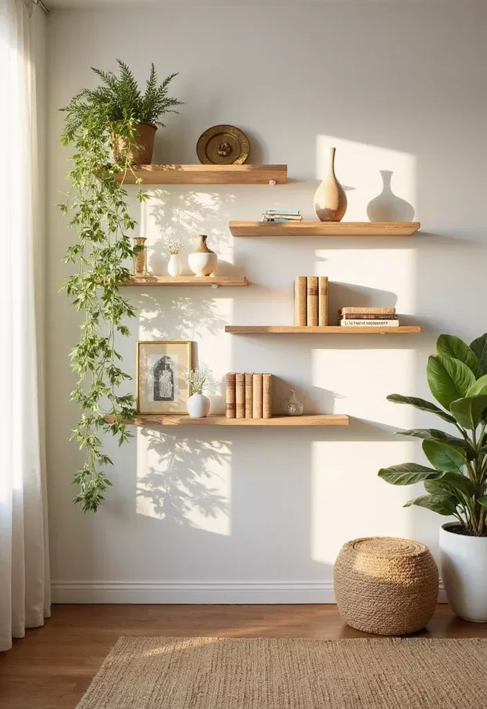 A beautifully styled white wall featuring staggered light wood floating shelves decorated with a long trailing indoor vine plant, ceramic vases, antique books, and a framed art piece in warm afternoon sunlight.