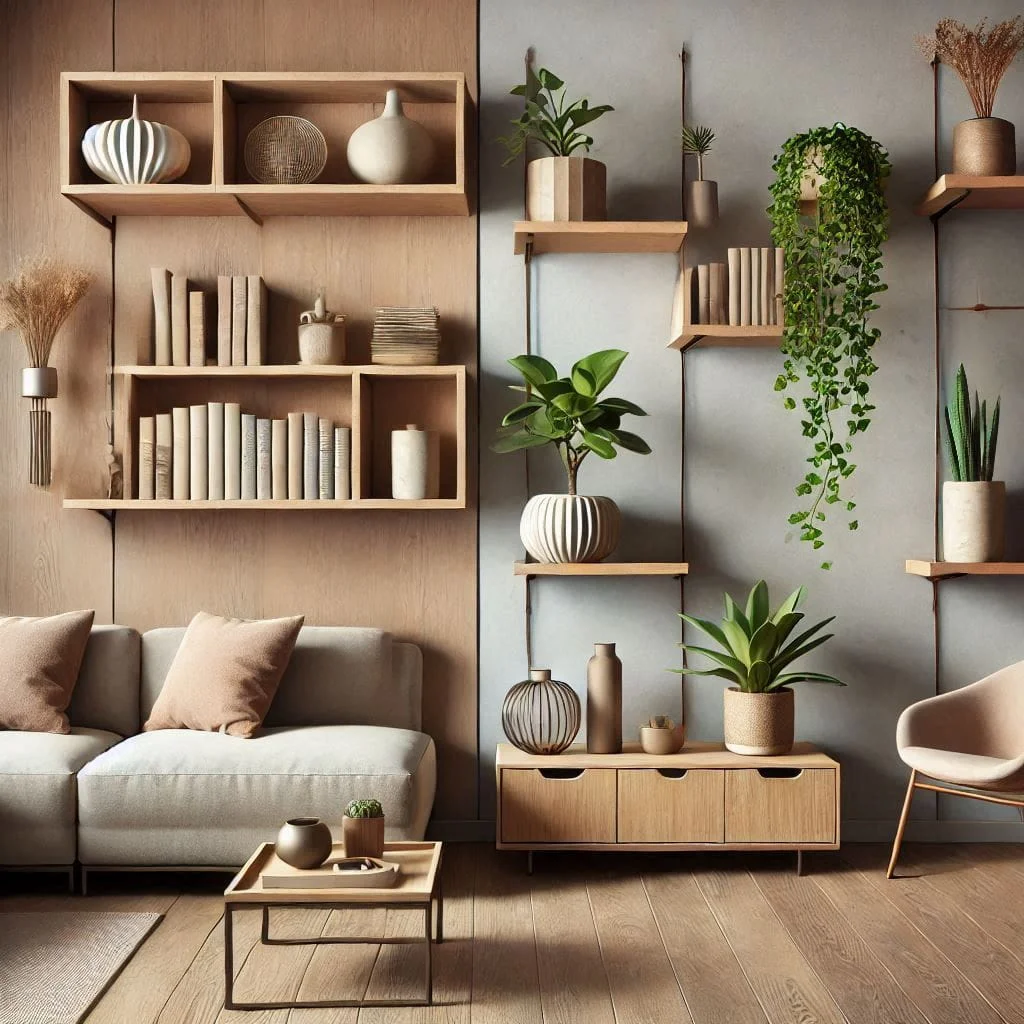 A modern Japandi-style living room featuring minimalist wooden wall shelves styled with neutral books, ceramic vases, and lush green potted plants against wood panel and grey accent walls.