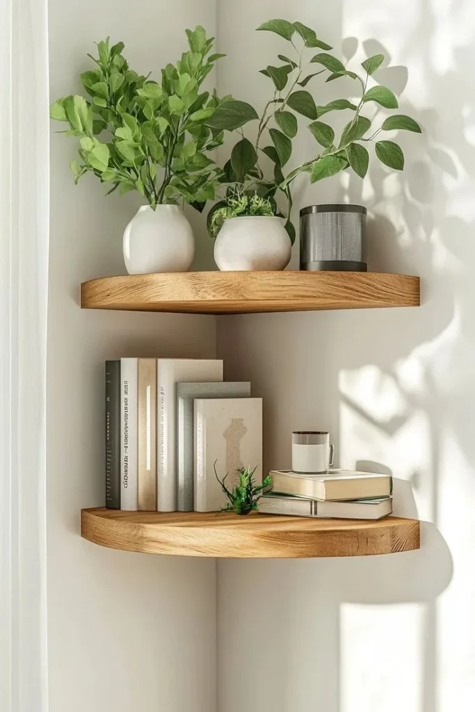 Curved timber floating shelves tucked into a room corner, displaying white ceramic plant pots and vertical stacks of neutral books.