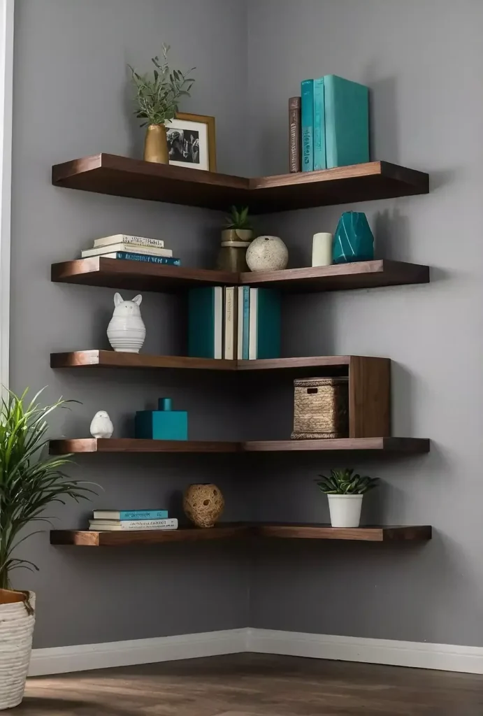 Five tiers of dark wood L-shaped floating corner shelves mounted on a dark grey wall, beautifully styled with teal and blue books, white pottery, small succulents, and decorative accents.