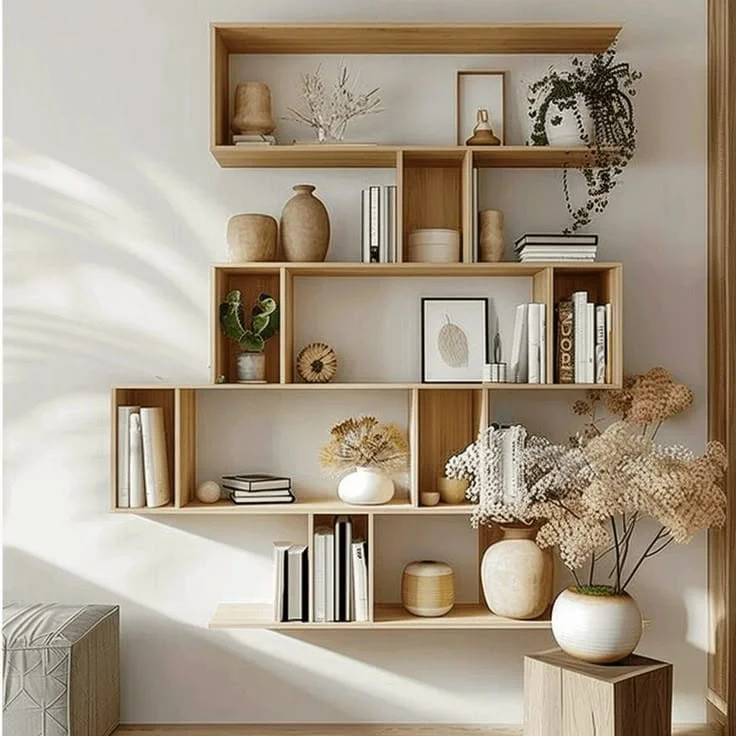 Minimalist Japandi Wall Shelves for Small Spaces Minimalist Japandi-style wooden floating wall shelves filled with books, ceramic vases, and dried botanicals on a white wall.