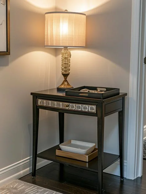 Elegant Ways to Decorate a Small Hallway Nook A dark wood accent table styled in a gray room corner with a glowing table lamp, a black decorative tray, and a lower shelf with a ceramic dish.