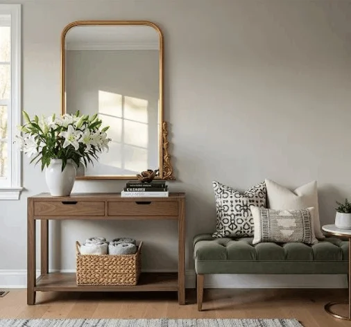 A modern entryway features a sleek wooden console table with drawers holding a white vase of lilies beneath a large, arched gold-framed mirror. Adjacent to the table, a tufted olive green bench is beautifully styled with three decorative accent pillows in neutral and patterned black-and-white designs. A woven storage basket filled with cozy, rolled blankets sits on the console's lower shelf to complete the inviting setup against a neutral gray wall.