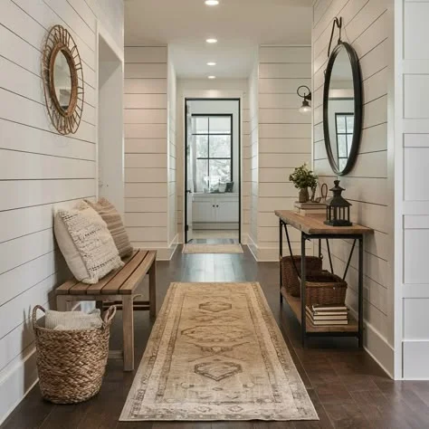 A long, bright farmhouse entryway features white shiplap walls, dark hardwood floors, and a vintage-style runner rug down the center. On the left, a light wood slatted bench is styled with neutral pillows beneath a small sunburst mirror. Opposite the bench, a narrow wood and metal console table holds a lantern, books, and woven baskets under a large oval black-framed mirror.