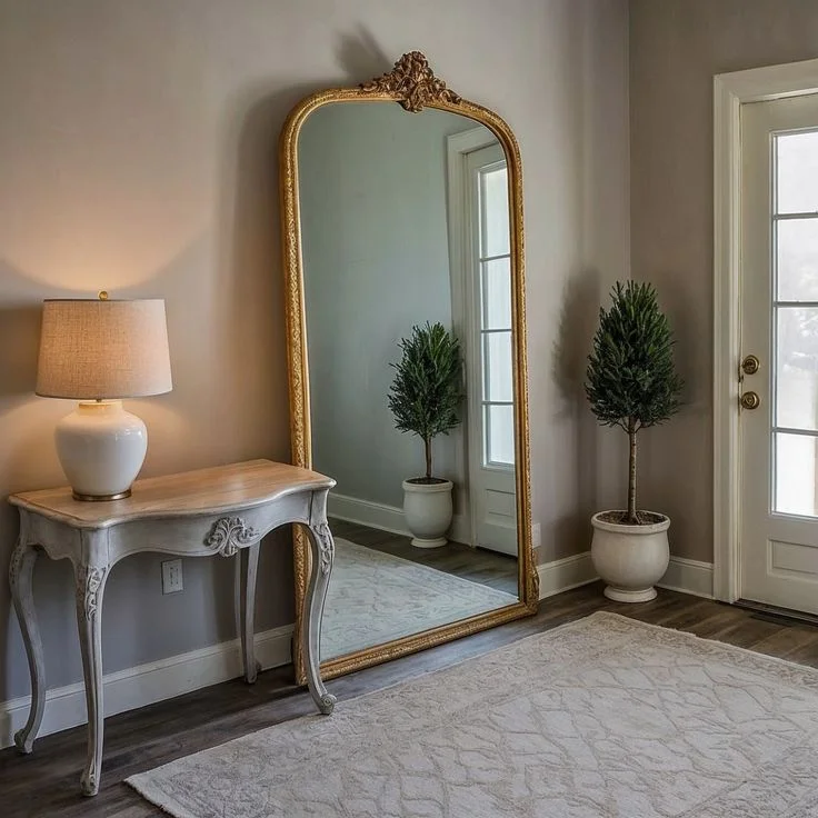 An elegant, spacious entryway featuring a massive full-length arched gold floor mirror leaning against a neutral gray wall. To the left of the mirror sits a distressed white vintage console table styled with a white ceramic lamp casting a warm glow. A potted faux topiary tree in a white planter stands near a classic white glass-paneled front door, all anchored by a light-colored patterned area rug over dark wood floors.