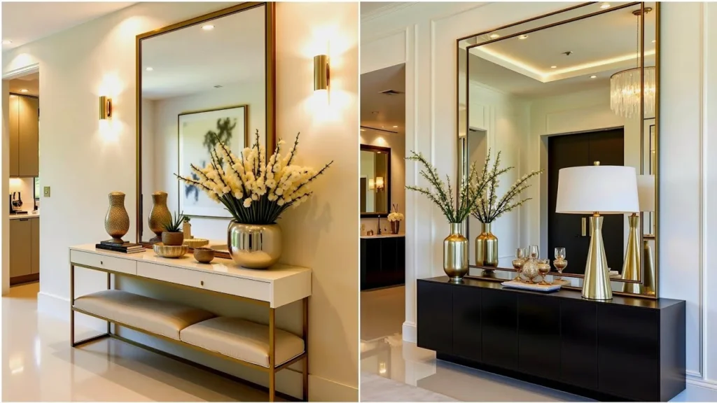 A side-by-side comparison displays two luxurious, modern entryways featuring large gold-framed mirrors. The left side showcases a white console table with gold legs, a large floral arrangement, and glowing gold cylinder wall sconces. The right side features a sleek black credenza styled with a tall gold vase of green branches, a modern gold table lamp, and elegant glassware on a tray.