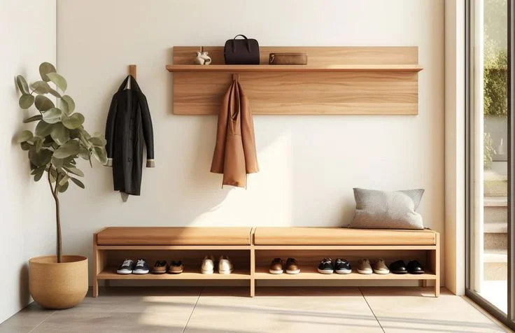 A minimalist modern entryway featuring a long, light wood storage bench with integrated open shelves neatly holding several pairs of shoes.
