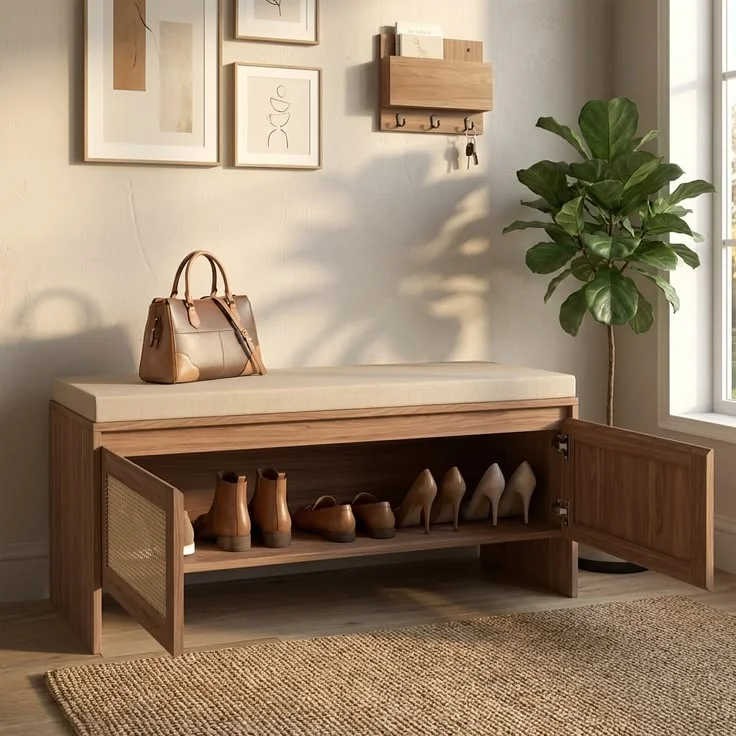 A warm, sunlit entryway features a light wood storage bench with a neutral cream cushion and an open cabinet displaying shoes. A brown leather handbag rests on top, while three small framed minimalist art pieces and a wooden key rail hang on the wall above. A potted fiddle-leaf fig tree stands by the window over a woven jute rug and light hardwood floors.
