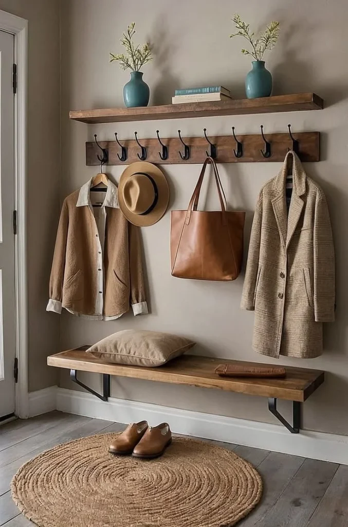 A cozy farmhouse entryway featuring a wall-mounted wooden coat rack with black metal hooks, a floating wooden bench with a throw pillow, a round jute rug, and a top shelf decorated with books and teal vases.