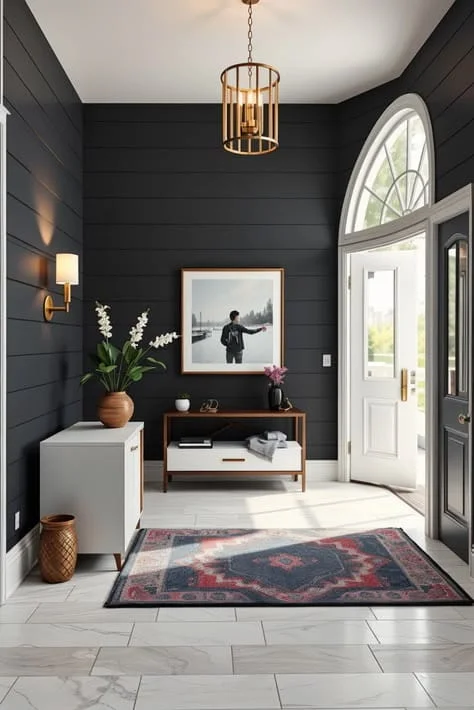 A modern farmhouse entryway featuring dark charcoal shiplap walls, a white front door with an arched transom window, a patterned area rug on marble floors, and elegant wood and white console tables.