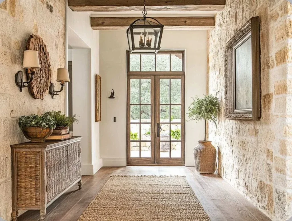 A rustic farmhouse foyer featuring exposed limestone walls, a woven rattan console table, hardwood floors, a jute runner rug, and glass double doors leading outside under exposed wooden ceiling beams.