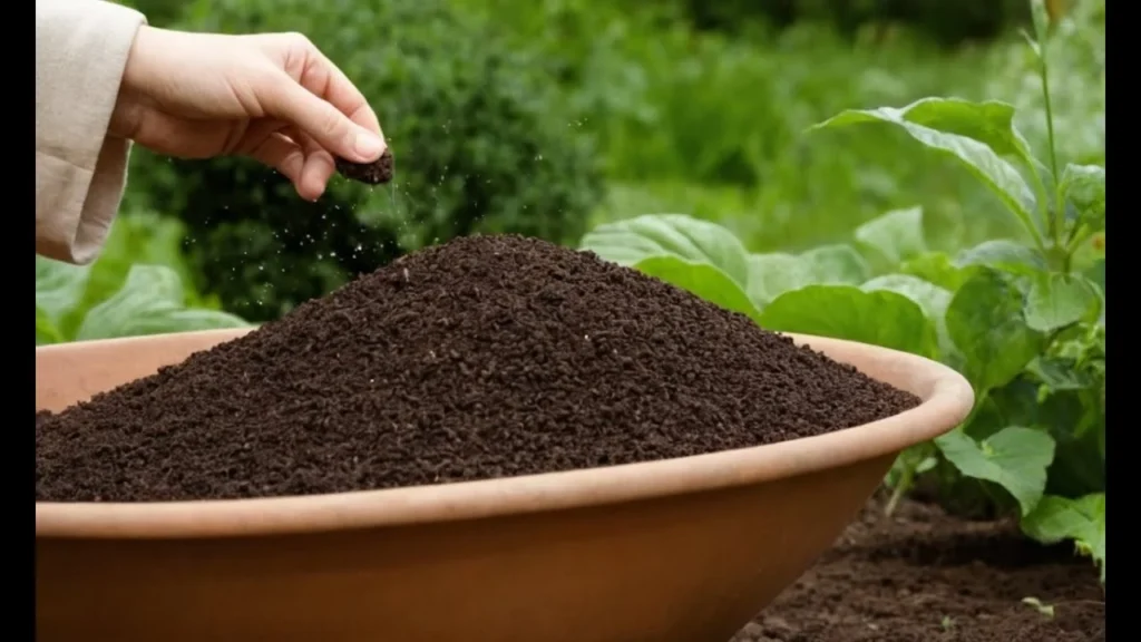 A close-up of a gardener checking the quality of dark, nutrient-rich potting soil mix or worm castings in a round clay container next to growing green garden plants.