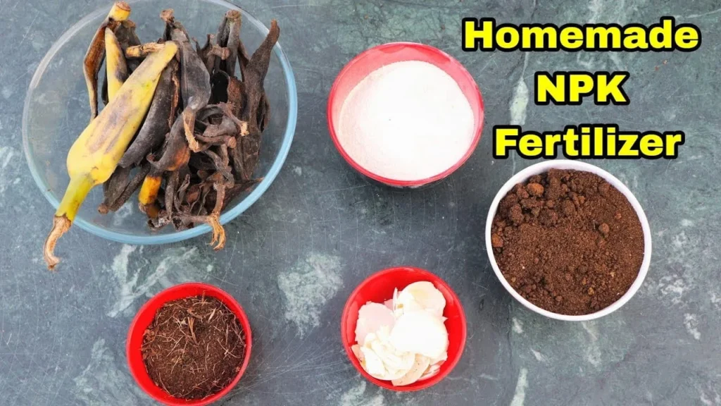 A flat lay of homemade NPK fertilizer ingredients including a bowl of dried banana peels, crushed eggshells, spent coffee grounds, coco peat, and a white powder mix, with text reading 'Homemade NPK Fertilizer.