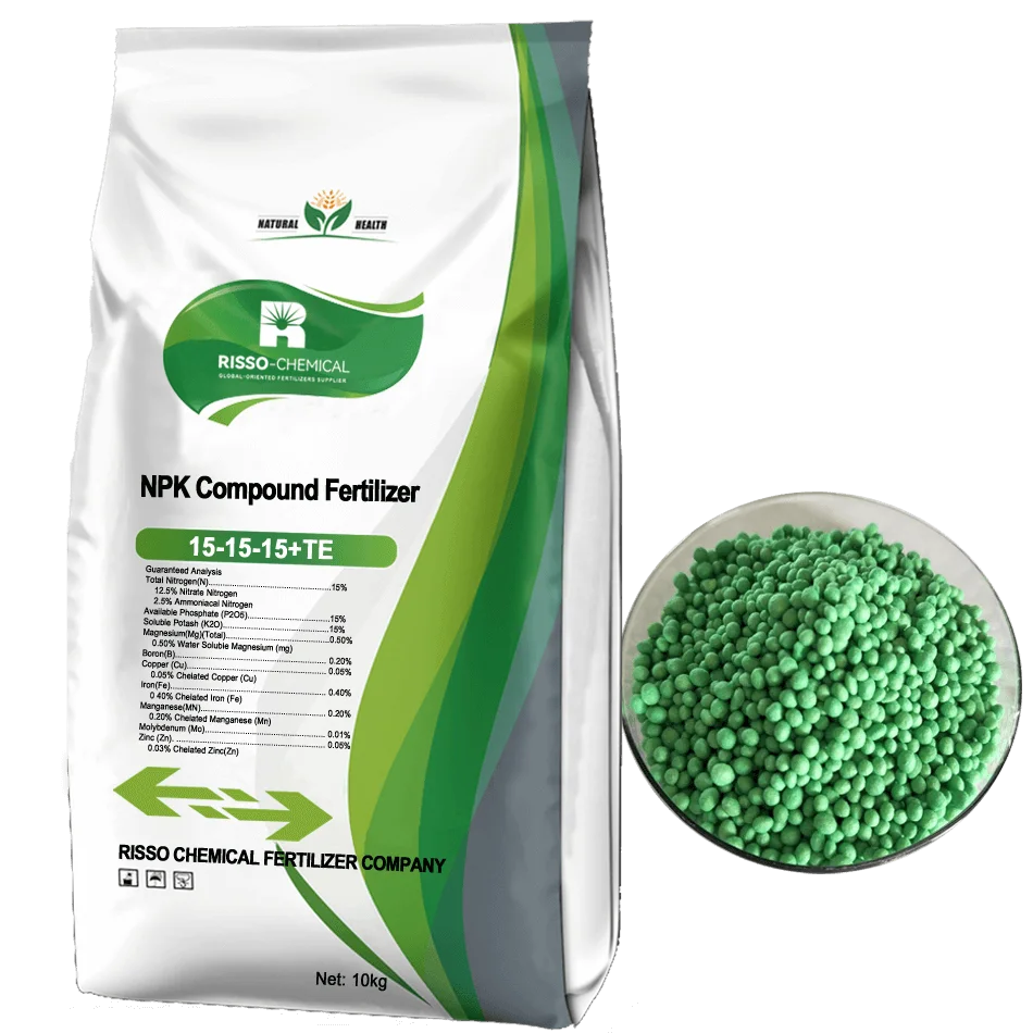 granular balanced fertilizer for bush beans A 10kg bag of Risso Chemical NPK Compound Fertilizer with a balanced 15-15-15 plus trace elements (TE) formula, shown next to a round glass dish filled with bright green fertilizer granules.